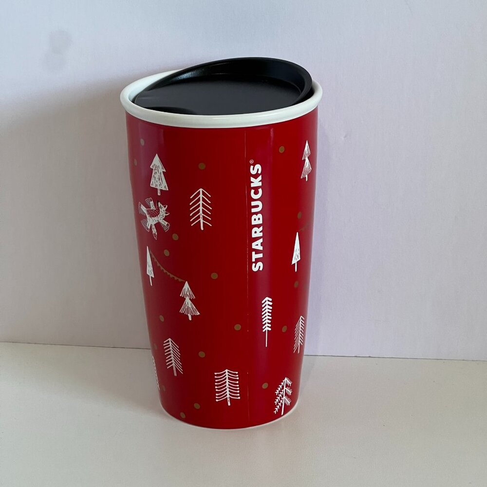 STARBUCKS 2018 Holiday Winter RED FOREST 12oz Ceramic TRAVEL MUG with Lid
